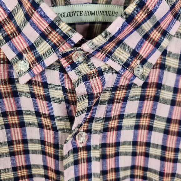 Troglodyte Homunculus Mens Long Sleeve Linen Plaid Button Down Shirt Size Medium - Picture 6 of 7